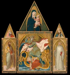 Ambrogio Lorenzetti - Rofeno-Abtei-Polyptychon. Erzengel Michael tötet den Drachen zwischen den Heiligen Bartholomäus